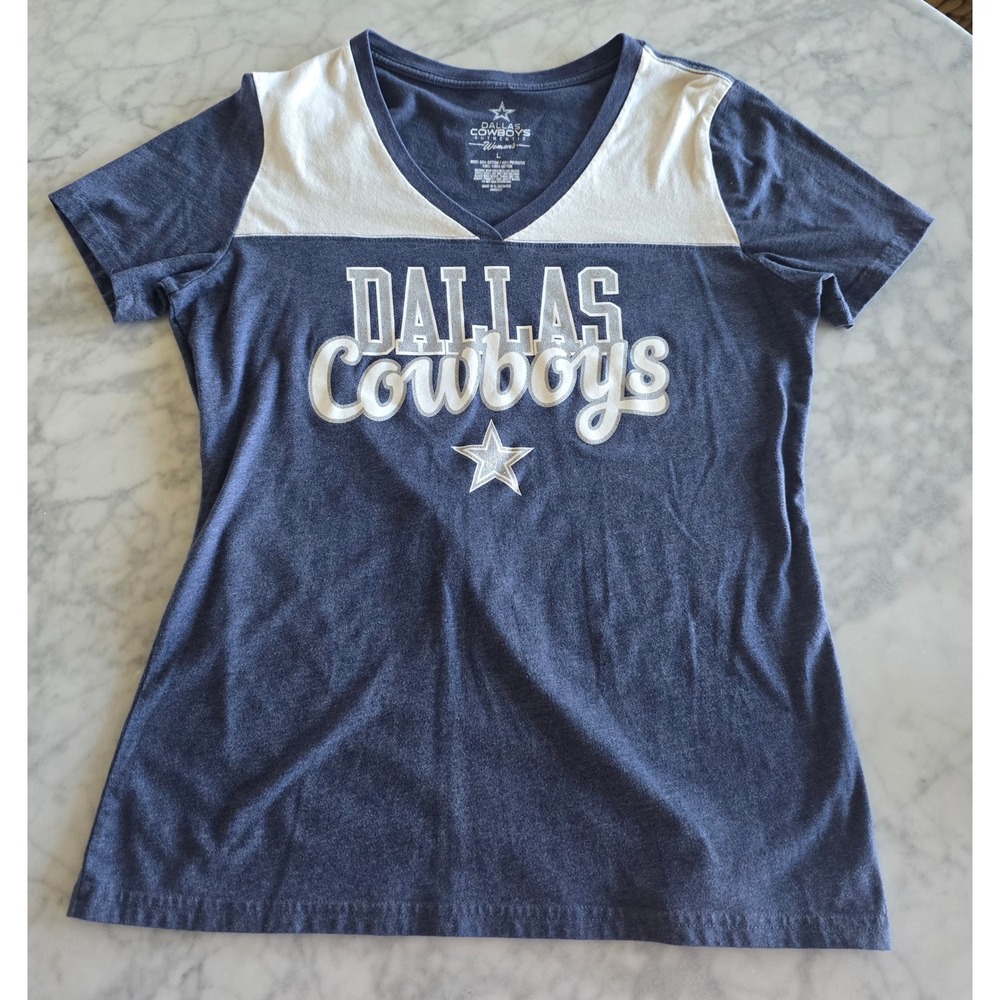 Dallas Cowboys Authentic‎ Womens Navy Blue Glitter Logo V-Neck T-Shirt Large NFL